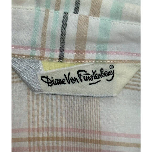 Vintage DIANE VON FURSTENBERG Button Up Blouse Top 3/4 Sleeve Plaid Pink Green S - Picture 8 of 10